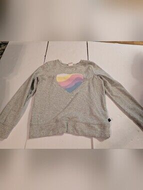 GAP Light Gray Sweatshirt with Pastel Heart Stripe Kids 10-12